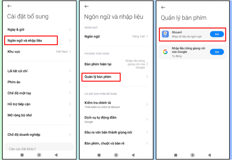 Mở phần Ngôn ngữ và nhập liệu, bật bàn phím Gboard trên Android