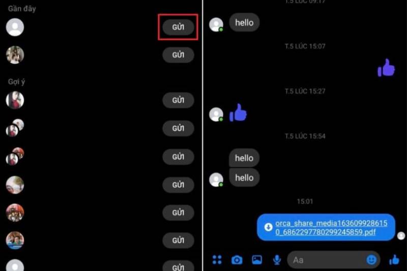 Chọn người nhận file trong danh sách trò chuyện