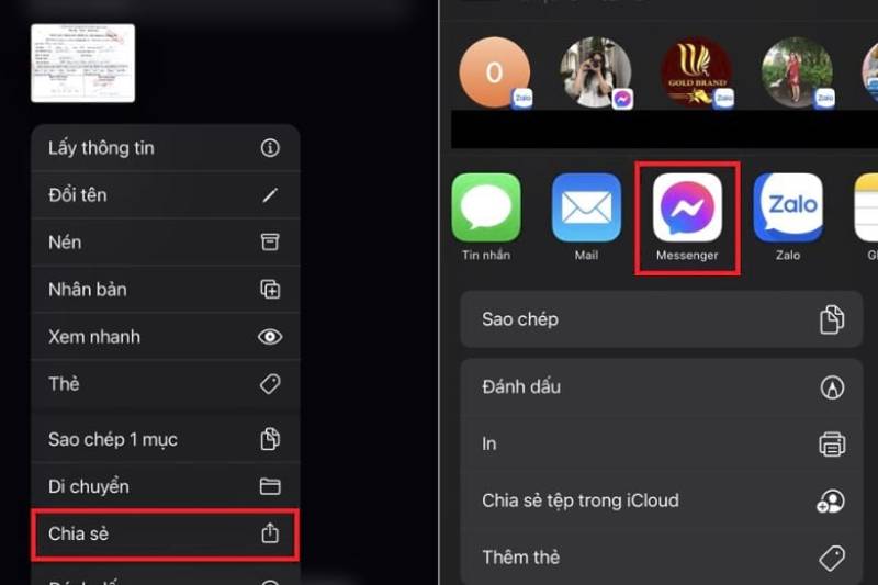 Nhấn giữ chọn chia sẻ và chọn biểu tượng Messenger