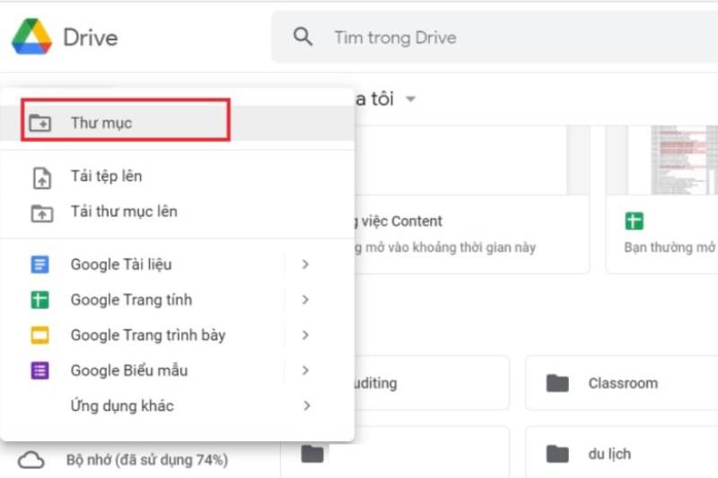 Tạo thư mục trong giao diện Google Drive