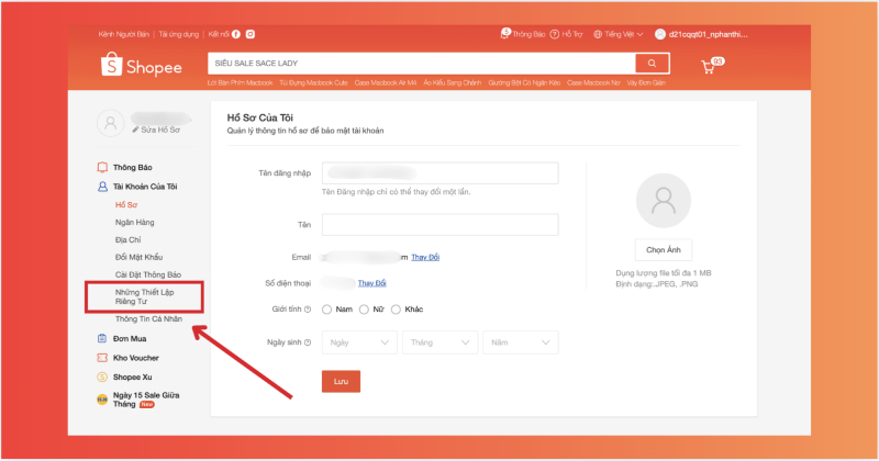 Chọn mục Những thiết lập riêng tư trên giao diện website shopee