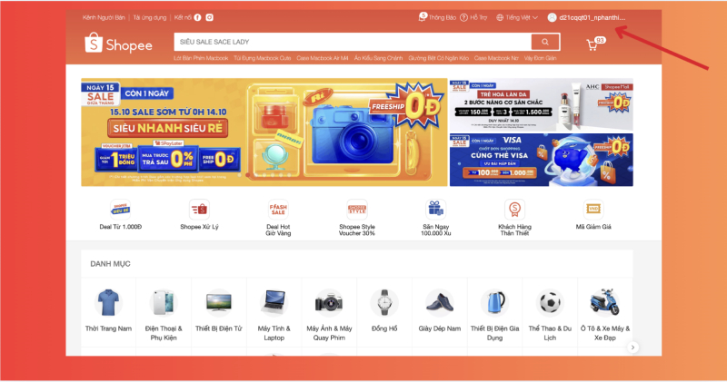 Chọn biểu tượng Hồ sơ trên website shopee