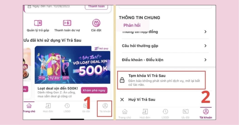Chọn tạm khóa hoặc hủy ví trả sau MoMo trong phần cài đặt