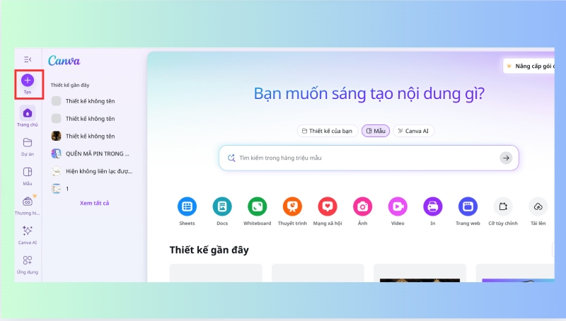 Giao diện Canva với bước tạo dự án mới cho bài trắc nghiệm