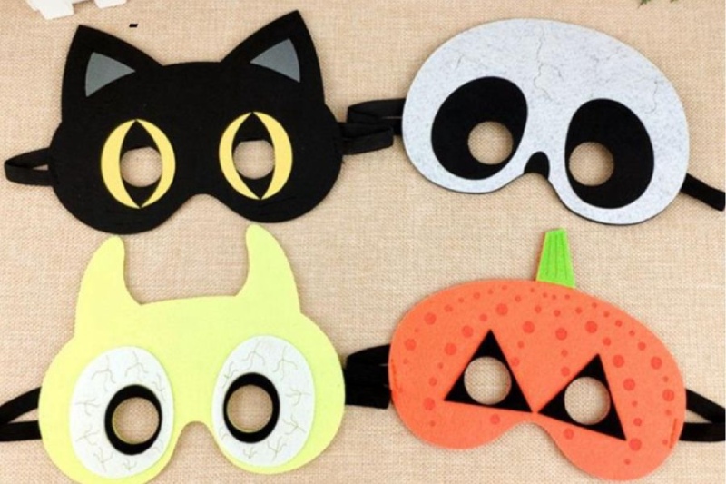 Mặt nạ Halloween bằng vải nỉ hình mèo, bí ngô và đầu lâu