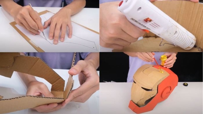Các bước cắt, dán bìa cứng làm mũ Iron Man thủ công