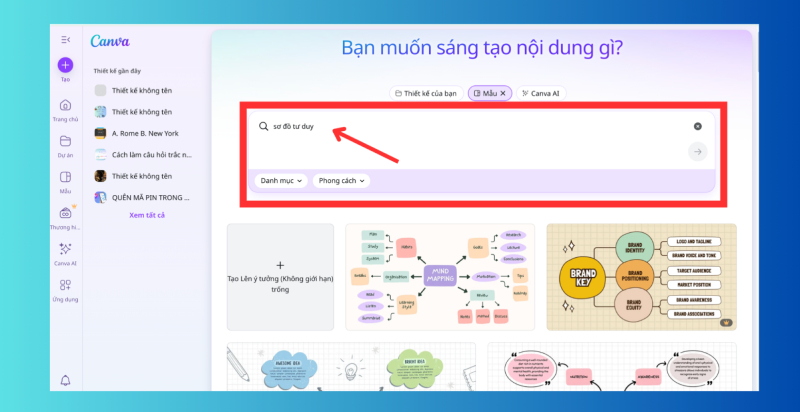 Nhập từ khóa “sơ đồ tư duy” vào thanh tìm kiếm Canva