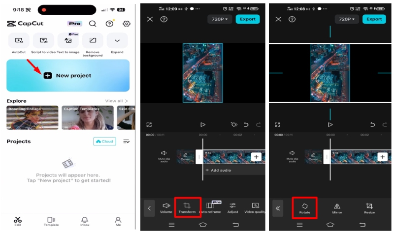 Tạo dự án mới và xoay video trong CapCut