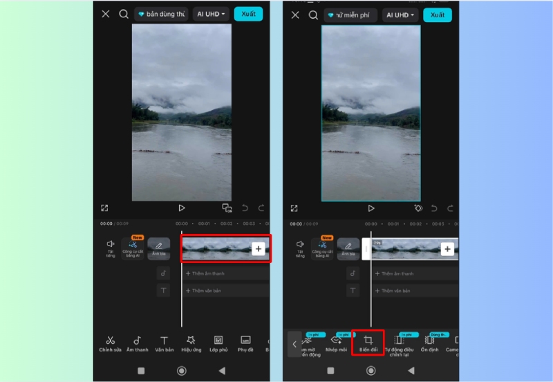 Chọn video và mở công cụ Biến đổi trong CapCut
