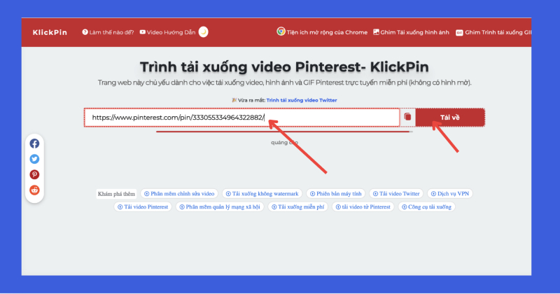 Giao diện trang KlickPin dán liên kết video Pinterest để tải