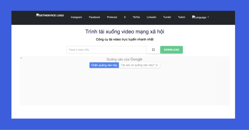 Giao diện GetInDevice tải video Pinterest và mạng xã hội