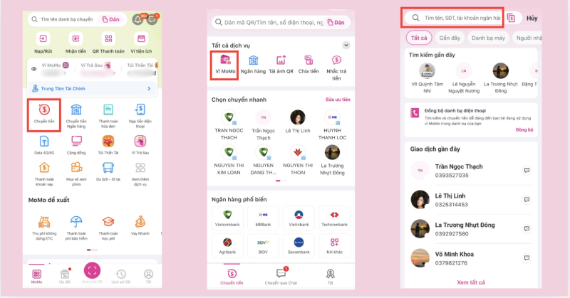 Các bước nạp tiền vào MoMo bằng cách chuyển tiền từ ví MoMo