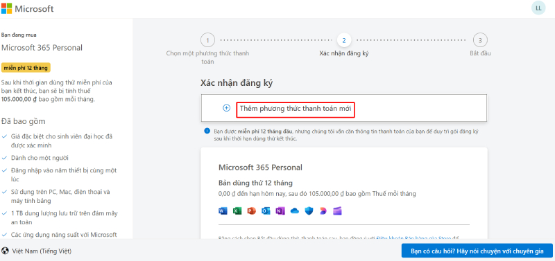 Nhấn vào mục Thêm phương thức thanh toán mới