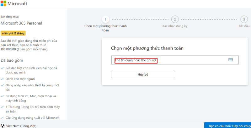Chọn vào mục Thẻ tín dụng hoặc thẻ ghi nợ