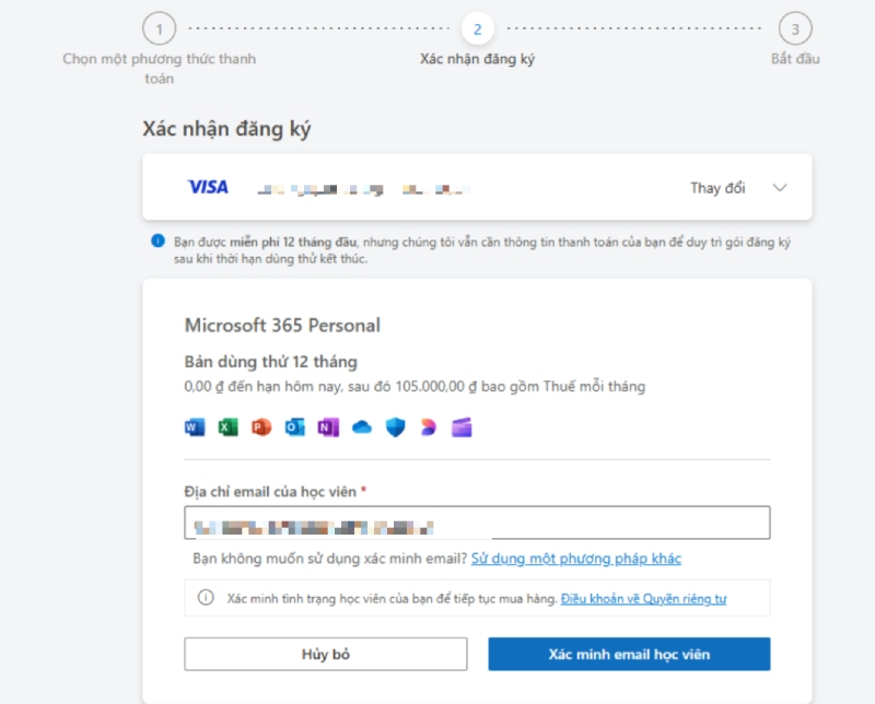 Nhập email và bấm Xác minh email học viên