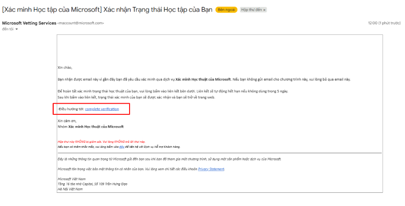 Email Xác minh trạng thái học tập của bạn được gửi từ microsoft