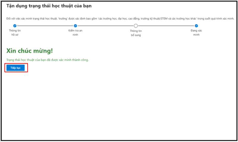 Màn hình thông báo Trạng thái học tập đã được xác nhận