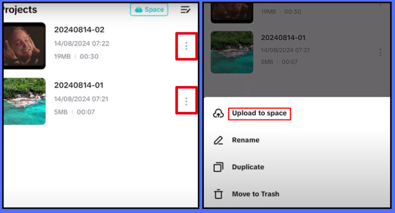 Nhấn vào biểu tượng ba chấm và chọn Upload to space