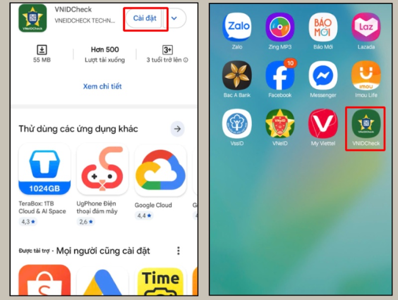 Nhấn cài đặt và cài đặt app VNIDCheck về điện thoại