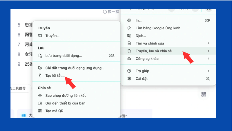 Chọn mục tạo lối tắt trong trình duyệt Chrome