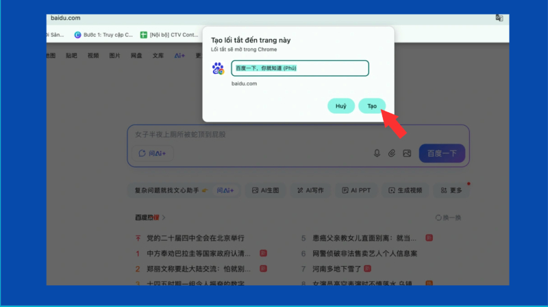 Tạo lối tắt truy cập nhanh trang Baidu.com