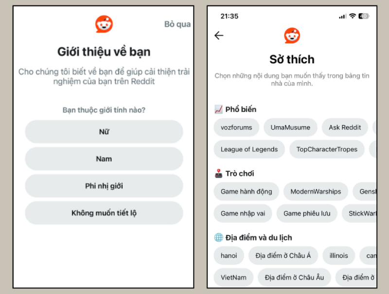 Chọn giới tính và sở thích cá nhân để tùy chỉnh trải nghiệm trên Reddit