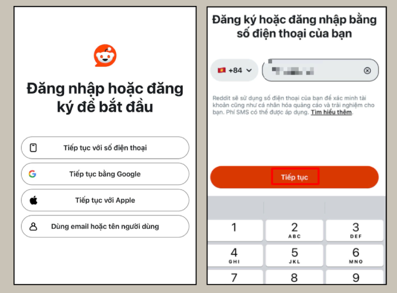 Giao diện đăng nhập hoặc đăng ký tài khoản Reddit bằng số điện thoại hoặc Google