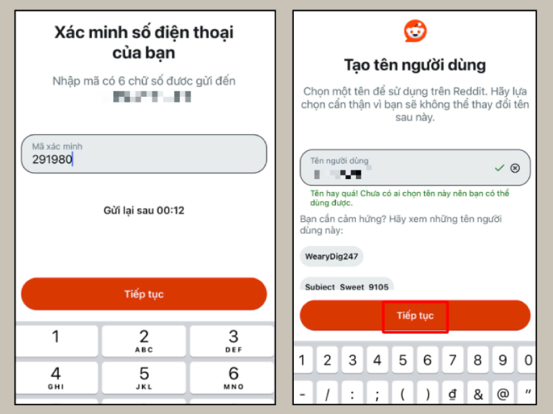 Nhập số điện thoại để đăng ký tài khoản Reddit và nhấn Tiếp tục