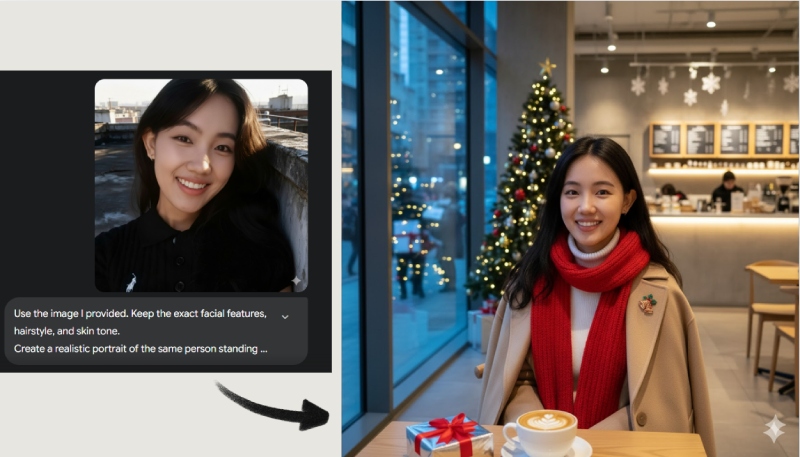Tạo ảnh Giáng Sinh tại quán cà phê hiện đại có cây thông và hộp quà