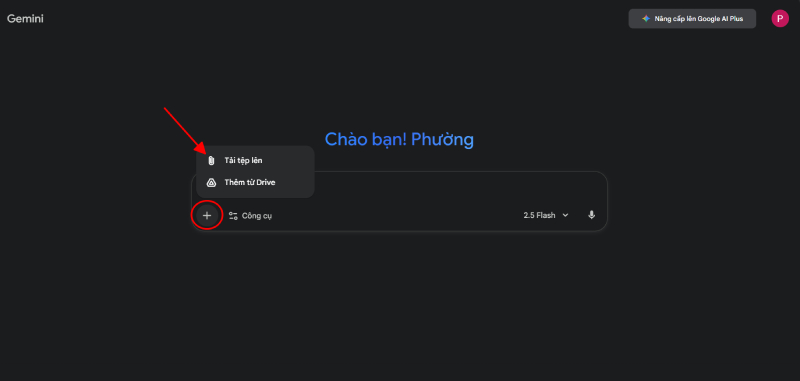Chọn biểu tượng dấu cộng để tải ảnh chân dung lên Gemini