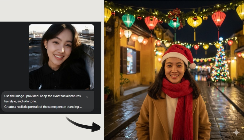 Tạo ảnh Giáng Sinh tại phố cổ Hội An lung linh đèn lồng bằng AI