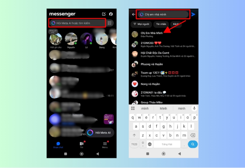 Nhập tên nhóm để tìm kiếm trong Messenger điện thoại