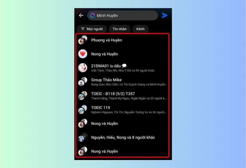 Danh sách nhóm chat khi tìm kiếm trên Messenger điện thoại