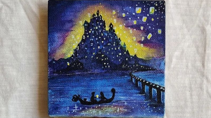 Tranh handmade vẽ thuyền trên sông và lâu đài đêm