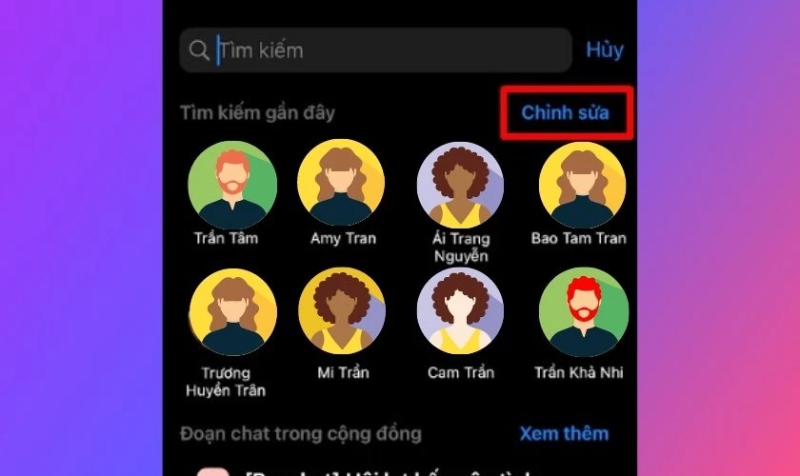 Chỉnh sửa danh sách tìm kiếm gần đây Messenger