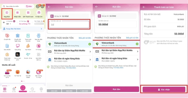 Giao diện rút tiền từ ví MoMo về tài khoản ngân hàng Vietcombank