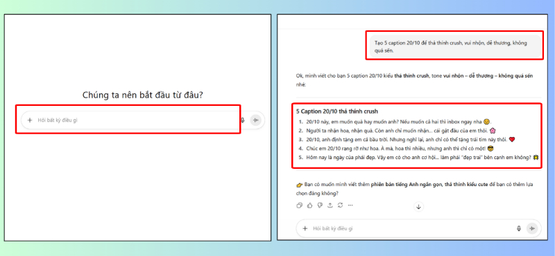 Giao diện tạo caption 20/10 thả thính crush hài hước trên ChatGPT