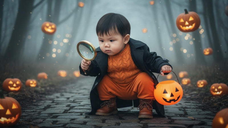 Câu lệnh ghép ảnh Halloween cho bé trong vai thám tử nhí phiêu lưu