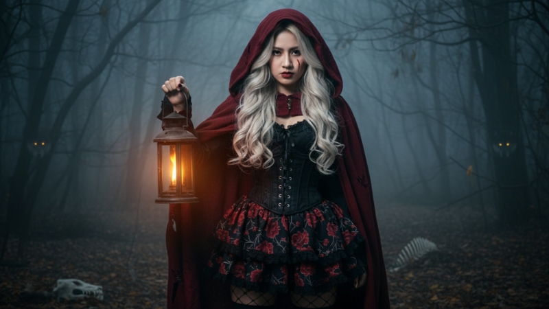Câu lệnh ghép ảnh Halloween cho nữ trong bối cảnh khu rừng u tối