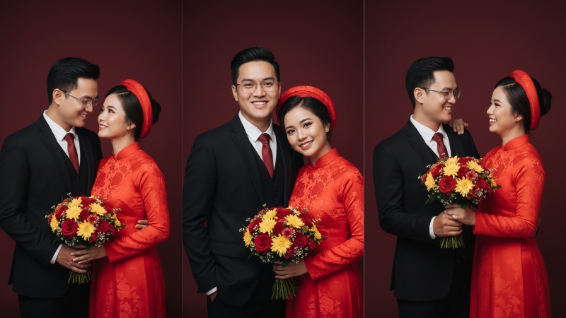 Tạo ảnh cưới AI trong studio với áo dài đỏ truyền thống