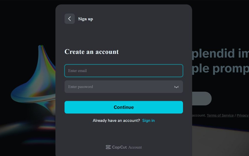 Nhập thông tin đăng ký gồm email và mật khẩu