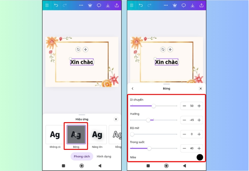 Điều chỉnh hướng, di chuyển và màu cho bóng chữ trong Canva