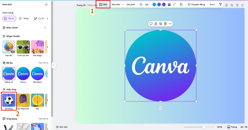 Chọn công cụ Sửa ảnh và mở mục Đổ bóng trong Canva