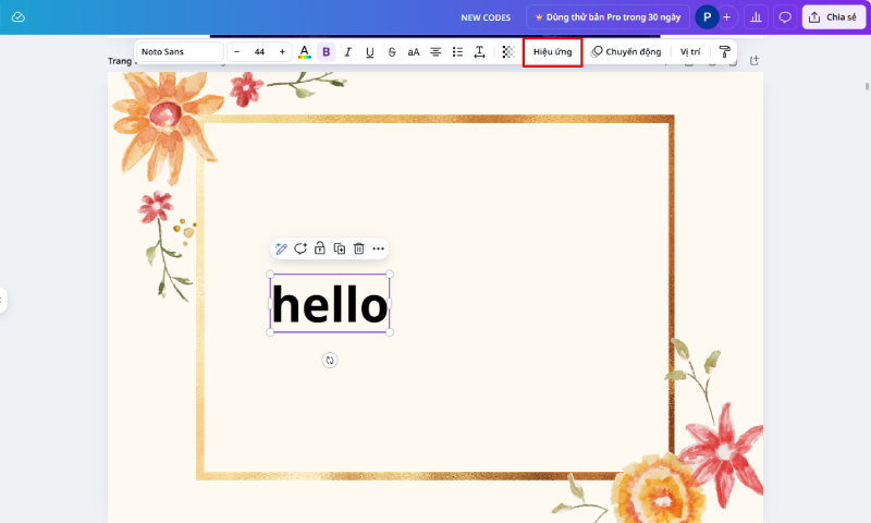 Chọn văn bản và vào phần Hiệu ứng trên Canva