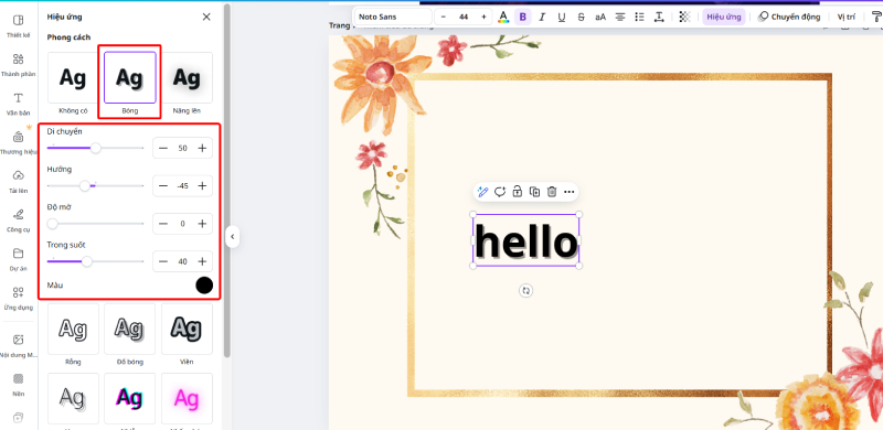 Chỉnh phong cách bóng chữ và độ trong suốt trong Canva