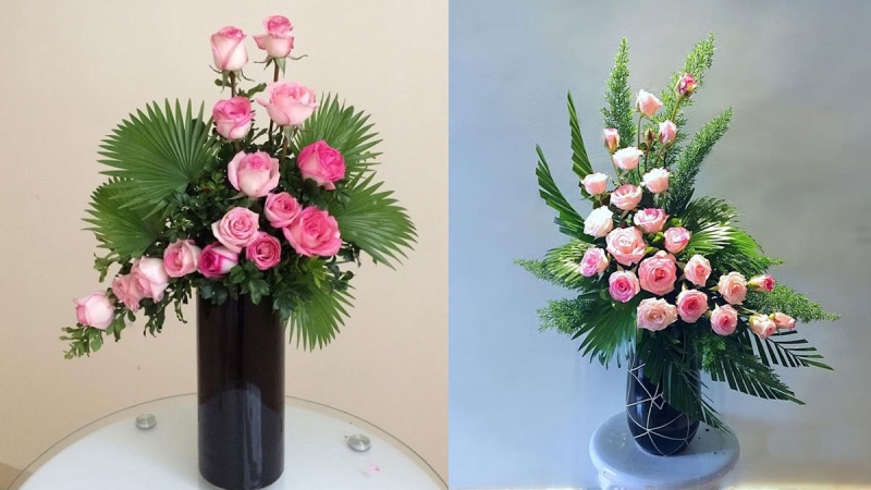 Bình hoa hồng cắm theo dáng đứng sang trọng, phối lá xanh