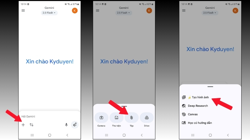 Hướng dẫn các bước tải ảnh và chọn tính năng tạo hình ảnh trên Gemini