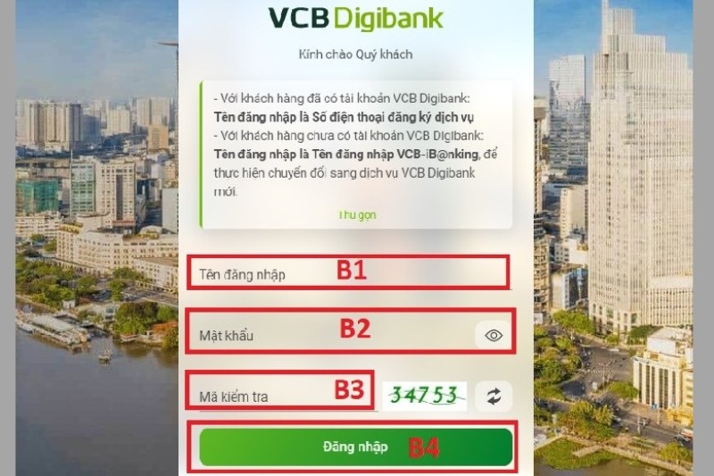 Giao diện đăng nhập tài khoản VCB Digibank