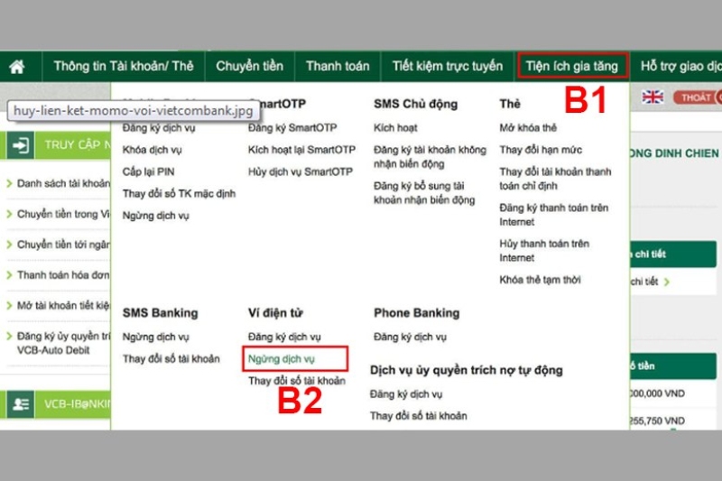 Chọn mục ngừng dịch vụ ví điện tử trong VCB Digibank