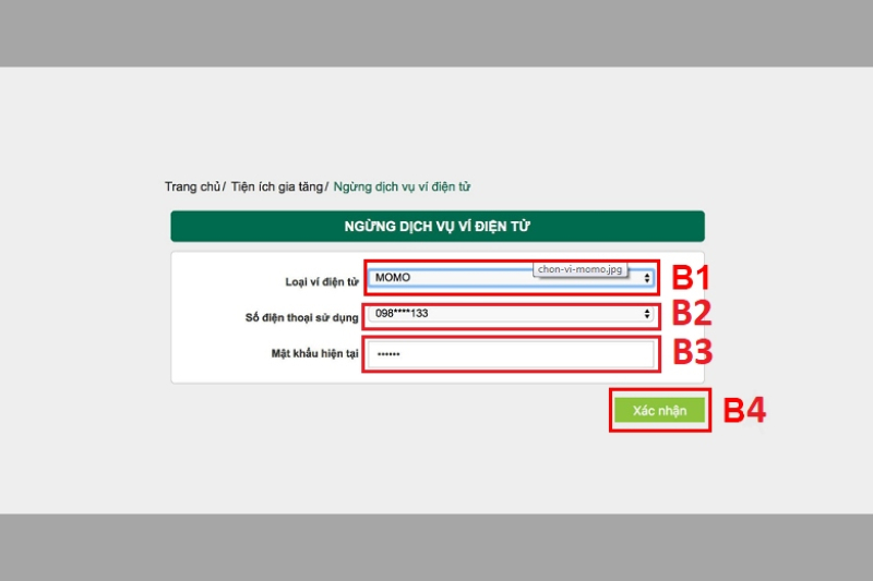Nhập thông tin ví MoMo và xác nhận ngừng dịch vụ